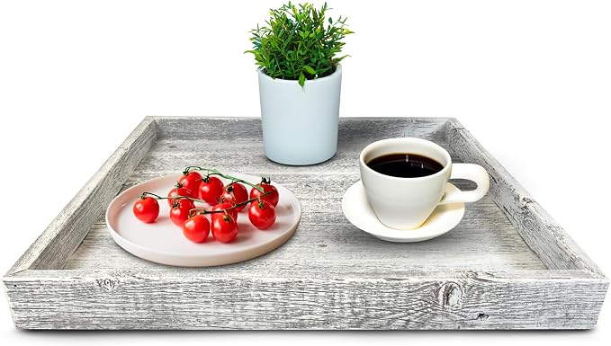 Wooden Ottoman Tray with Felt Pad – Decorative Couch Serving Tray Made with Real Rustic Reclaimed Wood - Perfect for Living Room Ottomans, Sofas, & Coffee Tables -18" x 18"- White Wash