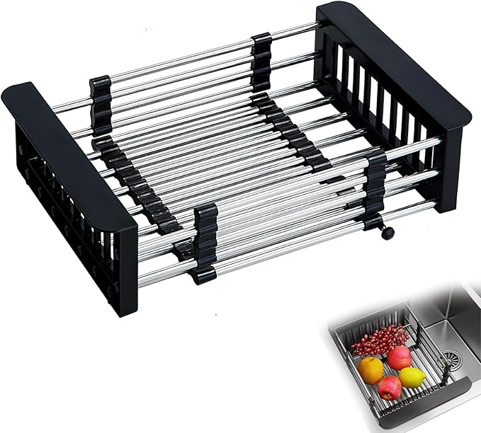 COVRA Stainless Steel Over-Sink Dish Drying Rack – Versatile Kitchen Organizer for 11″–19″ Square Sinks – Effortless Drying for Dishes, Fruits & Vegetables (Black)