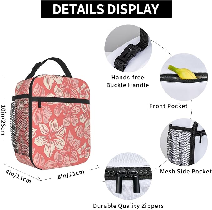 Pink Floral Lunch Box for Adults Women Girls Boys Kids Flower Lunch Box Insulated Cooler Reusable Lunch Bag Container Gifts for Work Office Picnic Travel School