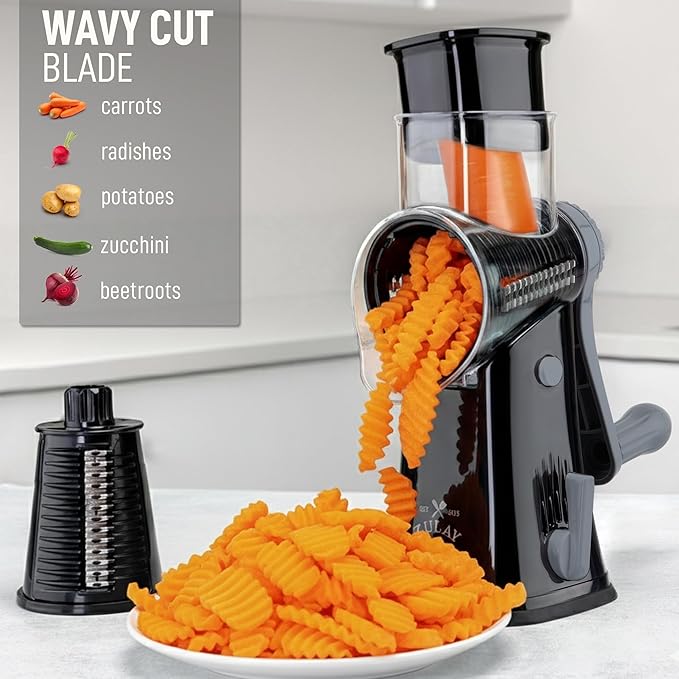 Zulay Kitchen Rotary Cheese Grater 5 Blade Cheese Shredder - Manual Hand Crank Cheese Grater With Reinforced Suction & 5 Interchangeable Drums - Easy to Use, Vegetable Chopper Round Mandoline Slicer