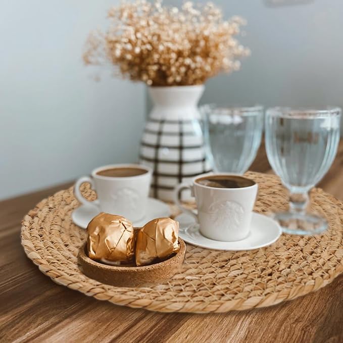 Round Woven Placemats Set of 4, 13.7 Inch Boho Farmhouse Rattan Placemats Rustic Braided Wicker Table Place Mats Chargers for Dinner Plates