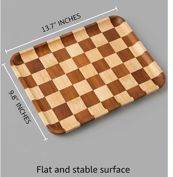 Rectangular Checkered Acacia Wood Serving Tray – Decorative Wooden Tray for Coffee Table, Snacks, and Food – Modern Wood Serving Tray for Kitchen, Dining, and Living Room Decor（13.7" x 9.8" x 0.6"）