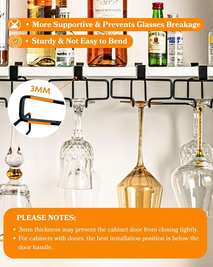 LINFIDITE Wine Glass Holder 2PCS Stemware Rack Hanger Under Cabinet Wine Glass Rack Kitchen Hanging Storage Rack Organizer,Black (For Partition Thickness under 1.18")