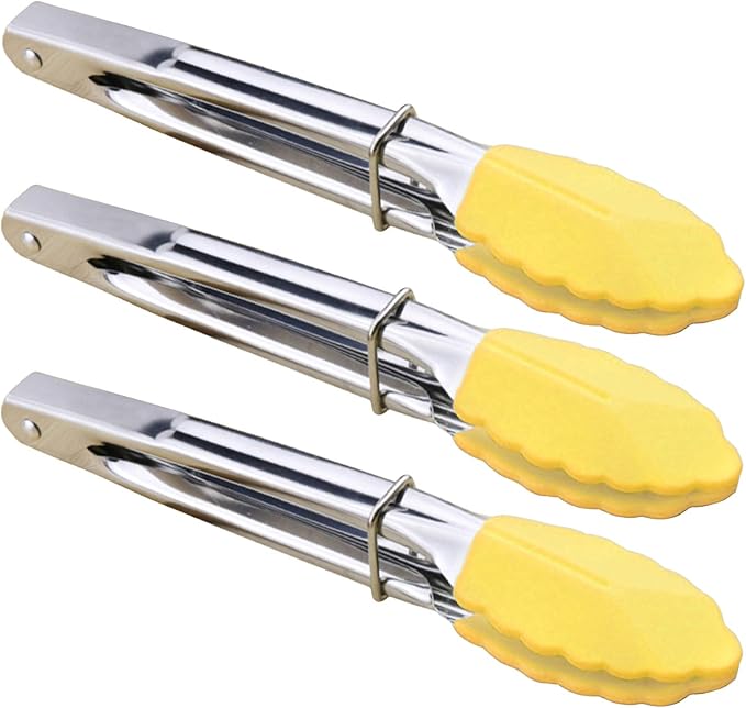 HINMAY Mini Tongs with Silicone Tips 7-Inch Small Serving Tongs, Set of 3 (Yellow)