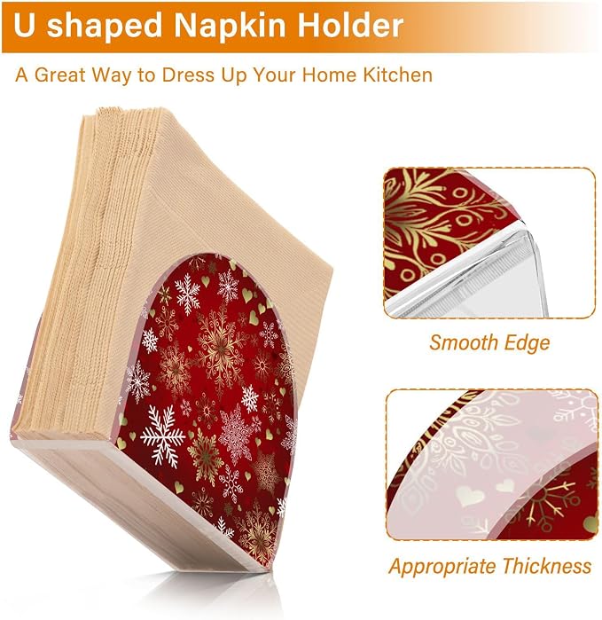 Red Gold Snowflakes Christmas Napkin Holder for Tables Paper Cocktail Napkin Holders for Kitchen and Dinning, Acrylic Dinner Napkin Dispenser for Restaurant Home Decor Bar Accessories 1 Pack