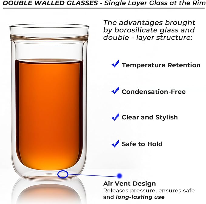 Aquach Double Wall Glass Cup 16oz 2pcs, Clear Insulated Coffee Drinking Glasses, Single Mouth/Double Body