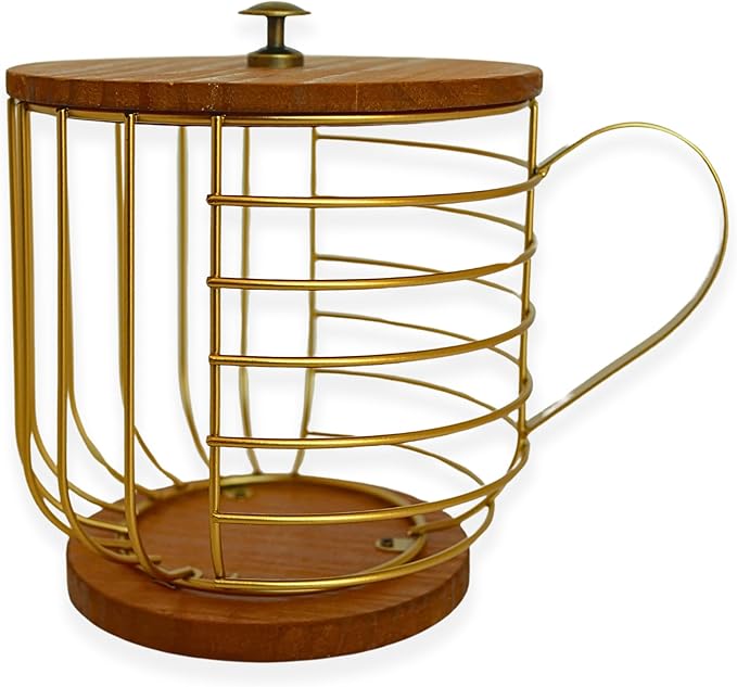 Large Coffee Pod Holder – Compatible w/KCup Pods and Capsules - Gold Metal K Cup Holder - Cute Coffee Pod Basket w/Wooden Lid - Coffee Pod Storage - Coffee Bar Decor (Wood & Gold, Large)
