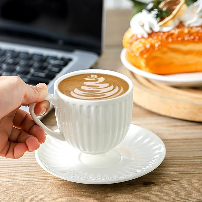 Ceramic Espresso Cups with Saucers 5 Oz,Set of 4 Porcelain Demitasse Cups Set,Small Coffee Cups with Handle for Coffee,Tea,Latte and Macchiato,Cappuccino Mugs for Kitchen and Cafe,White