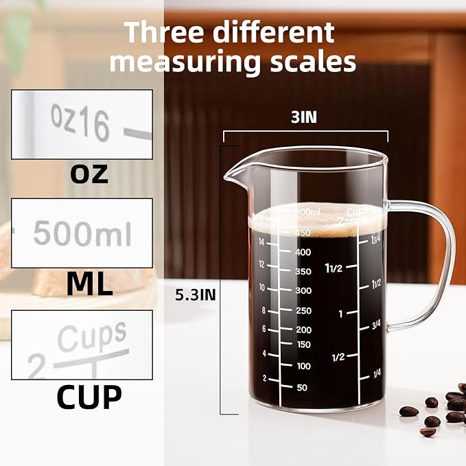 PARACITY 2 Cup Glass Measuring Cup, Liquid Measuring Cups with three Scale and V-Shaped Mouth, Glass Coffee Cups with Handle, Glass Beaker for Kitchen or Restaurant 500 ML