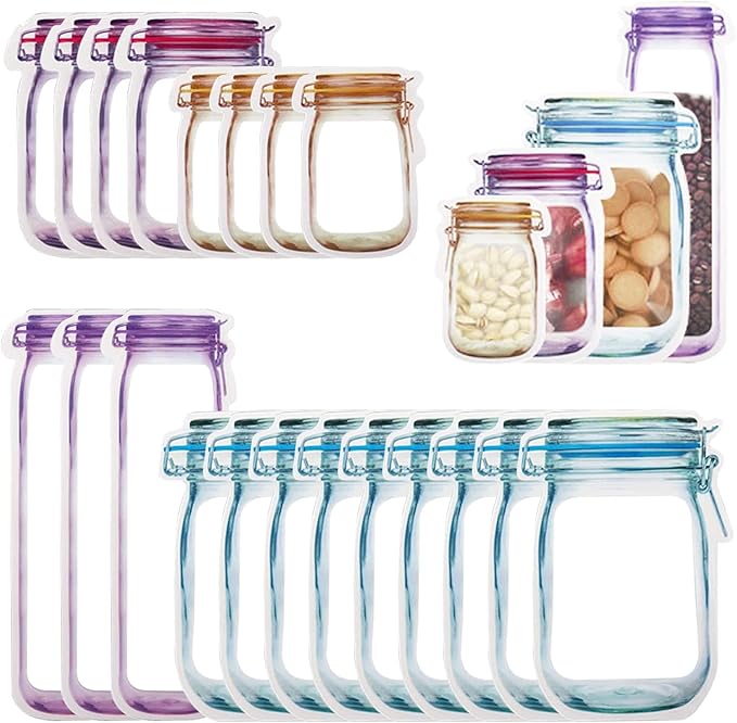 20 Mason Jar Bottles Bags Reusable Snack Bags Food Storage Bags Zipper Sealed Sandwich Bags Snack Storage Food Saver Bags for Nuts Cookies Freezer Safe