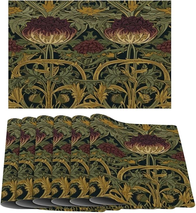 William Morris Placemats Set of 6 Vintage Moody Floral Rustic Botanical Washable Heat Resistant Place Mats for Dining Table Dark Academia Linen Woven Wipeable Kitchen Table Mats Green