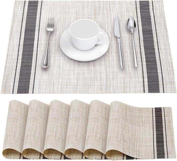 Table Mats Set of 6 Crossweave Woven Vinyl Placemats Heat Resistant Non-Slip Kitchen Placemats for Dining Table Washable Easy to Clean(Grey)