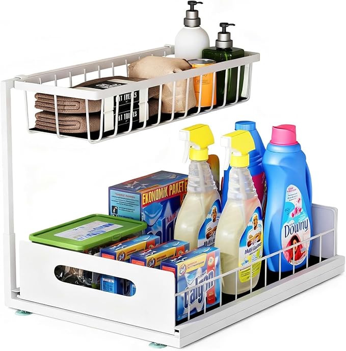 Under Sink Organizer, 2 Tier Pull-Out Cabinet Storage Shelf, Rust-Resistant Metal Organizer for Kitchen Bathroom Laundry Room, No Tools Installation, 1 Pack White