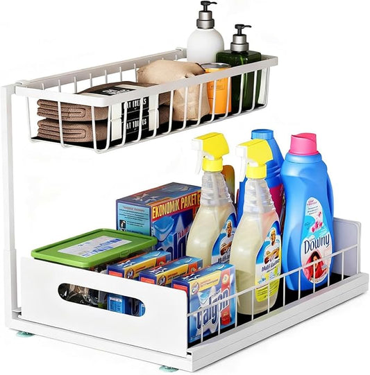 Under Sink Organizer, 2 Tier Pull-Out Cabinet Storage Shelf, Rust-Resistant Metal Organizer for Kitchen Bathroom Laundry Room, No Tools Installation, 1 Pack White