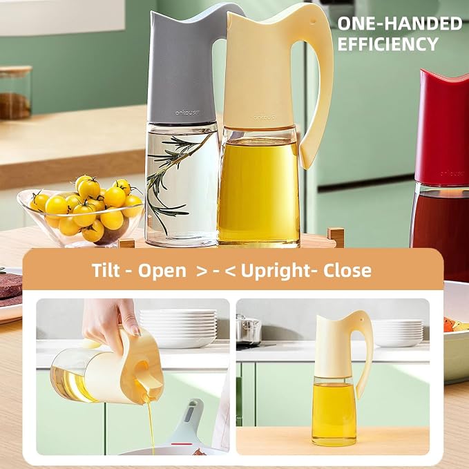 Ankou Olive Oil Dispenser Bottle-20oz 580ml Auto Flip Lid Glass Oil Bottle, Vinegar Condiment Storage Container with Scale, High Borosilicate Glass, Non-Drip Spout, Leakproof, for Kitchen Cooking