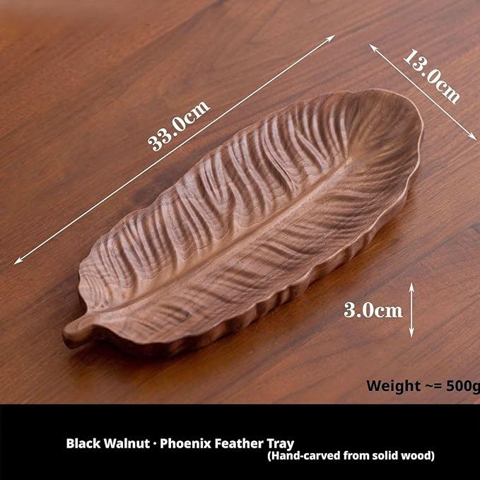 Walnut Wood Fruit Tray, Handmade Chinese Style Snack Serving Plate, Solid Wood Tea Dessert Tray for Dim Sum, Vintage Walnut Platter, Gift (Phoenix Feather（Black Walnut）)