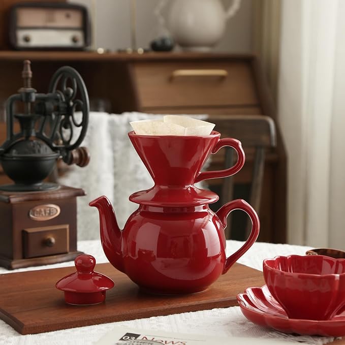 London Pottery V60 Coffee Dripper, Exquisite Porcelain Ceramic Manual Coffee Filter, Suitable for Pour Over Coffee in Office, Outdoor and Home Use (Red)