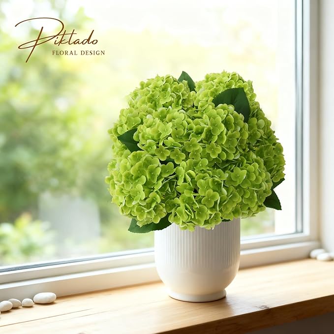 A Bunch 21in, Real Touch Green Hydrangea Artificial Flowers, with 5pcs Flower Head 10pcs Leaves,Faux Hydrangea Flowers for Home Office Decor Wedding Party Arrangements (1, Green)