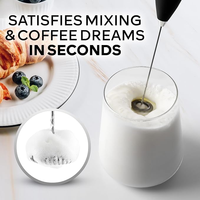 Zulay Kitchen Powerful Milk Frother Wand With Duracell Batteries - Ultra Fast Handheld Drink Mixer - Electric Whisk Foam Maker for Coffee, Lattes, Cappuccino & Matcha - Z1 Motor - Metallic Black