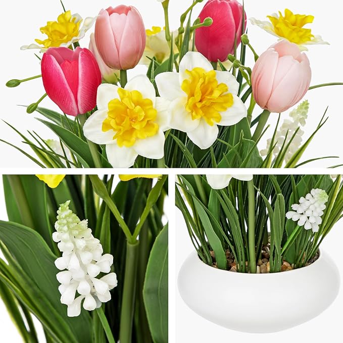 Hollyone Tulips Artificial Flowers with Daffodil Bulbs in Vase Fake Tulips Silk Flowers Arrangements with Ceramic Pot Daffodil Tulip Bulbs Floral Bouquet for Home Decor Table Centerpiece White Pink