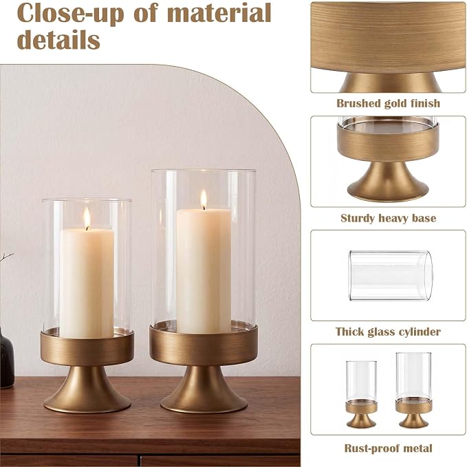 Gold Hurricane Candle Holder with Glass Cylinder Decorative Metal Pedestal Candlestick Holders for Pillar Candles Elegant Centerpiece for Dining Table Wedding Fireplace Mantel Living Room Home Decor