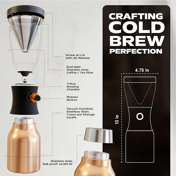 asobu Cold Brew Coffee Maker, Award-Winning 40oz Insulated Cold Brew Brewer with Portable Stainless Steel Carafe – No.1 Europe Coffee Fest Winner, Leakproof, BPA-Free, Keeps Cold 24H