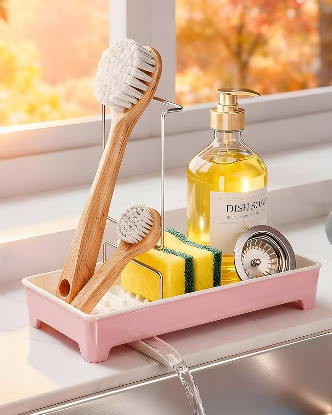 Minimalist Sink Caddy, Rustproof Sponge Holder for Kitchen Sink with 304 Stainless-Steel Brush Holder, Countertop Rack Organizer with Raised Ridges & Silicone Drain Tube (Blush Pink, Large)