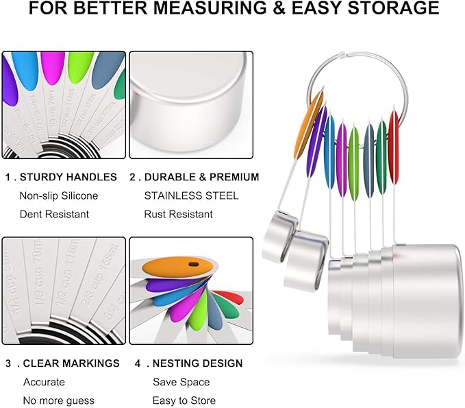 Measuring Cups and Magnetic Measuring Spoons Set, Wildone Stainless Steel 16 Piece Set, 8 Measuring Cups & 7 Double Sided Stackable Magnetic Measuring Spoons & 1 Leveler