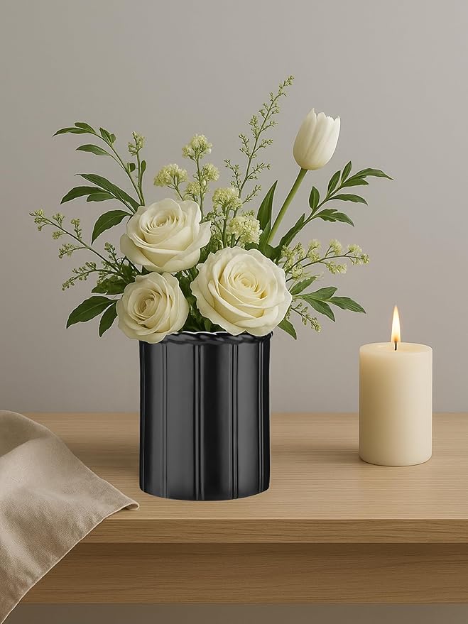 Ceramic Utensil Holder for Kitchen Counter, 6.3” Modern Kitchen Utensil Holder with Cork Bottom for Countertop, Cooking Tool Organizer for Spatula, Matte Black