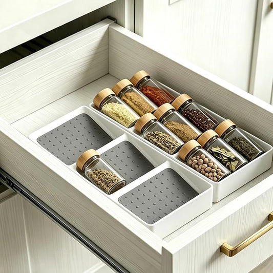 Spice Drawer Organizer,3 Tier Non-Slip Silicone Seasoning Jar Drawer Insert,Spice Rack Organization for Drawer,Spice jar holder for drawer,Kitchen Spice Rack Tray for Cabinet Countertop Makeup Storage