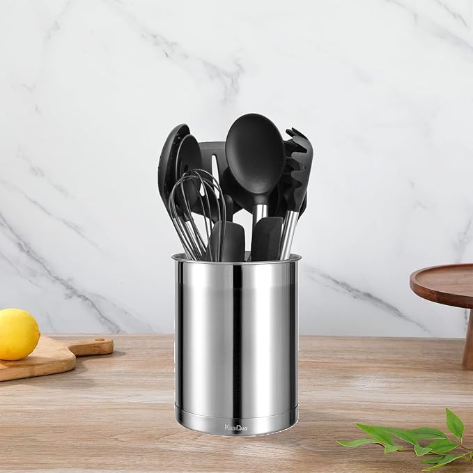 KSENDALO 2 Pack Utensil Crock, 6.6inch Cooking Utensil Holder Stainless Steel Container for Kitchen Counter,Metal Kitchen Spoon Spatula Cutlery Tool Holder Organizer, Silver (2 Pack)