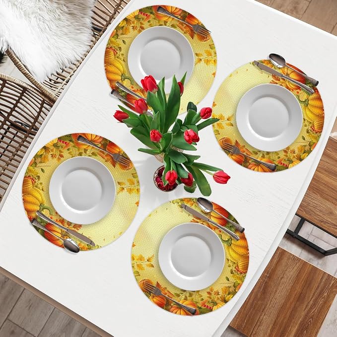 Round Placemats Set of 6, Autumn Pumpkin Maple Leaves Woven Placemats Mats Non-Slip Heat Resistant Washable Table Mats Round Braided Place for Farmhouse Kitchen Dining Party Decor 15in