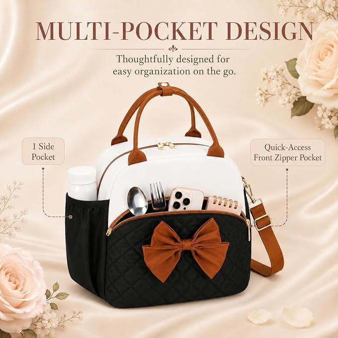 LEDAOU Lunch Box for Women, Insulated Lunch Bag Women with Adjustable Shoulder Strap, Cute Lunch Tote Bag for Work, Womens Lunch Bag with Bowknot, Front Zipper Pocket & Side Pockets