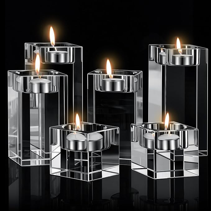 6 Pcs Crystal Tea Light Candle Holders Glass Votive Candle Stands Square Candlestick Holders for Wedding Dining Living Room Centerpiece Decorations, 1.57", 3.15", 3.94"