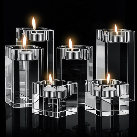 6 Pcs Crystal Tea Light Candle Holders Glass Votive Candle Stands Square Candlestick Holders for Wedding Dining Living Room Centerpiece Decorations, 1.57", 3.15", 3.94"