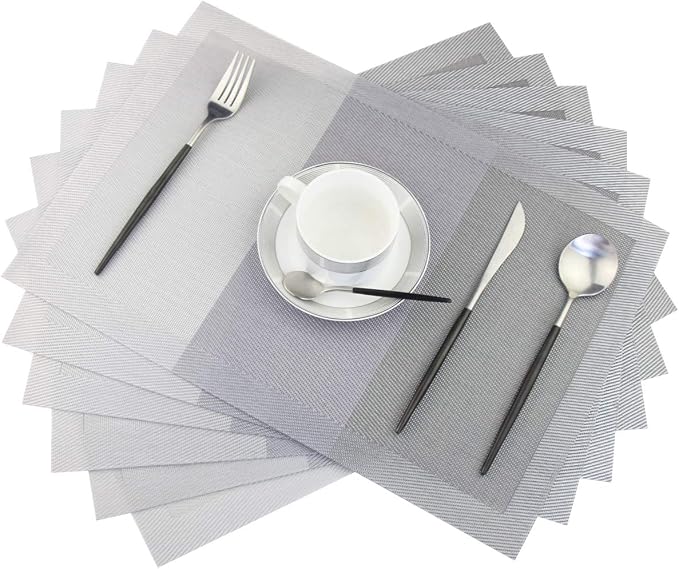 PIGCHCY Placemats 18 x12 Inches Plastic Washable Easy to Clean Table Mats Woven Vinyl Placemats for Dining Table Set of 6(Classic Grey)