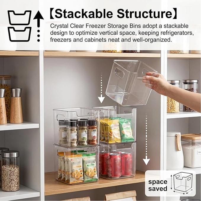 Crystal Clear Freezer Storage Bins, Stackable Freezer Organizer Bins with Handles, Sturdy and Durable, for Fridge, Pantry & Kitchen Cabinets (White,8Pcs-L)