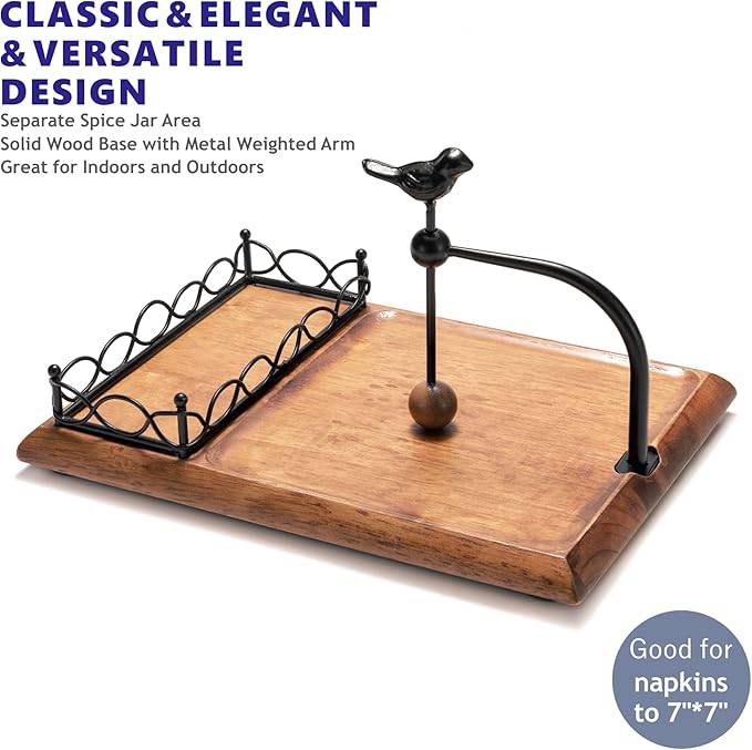 Charming Wooden Napkin Holder with Bird Design – Includes Space for Salt and Pepper Shakers – Multifunctional Black Napkin Holder for Table, Kitchen & Outdoor Use