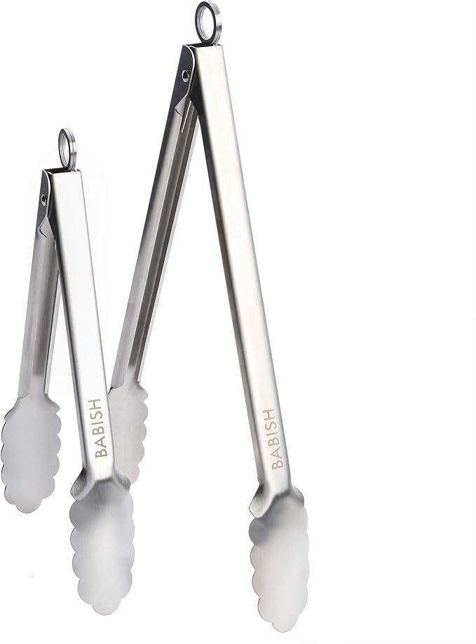 Babish 2-Piece Locking Kitchen Tongs Set – 12” & 9” Stainless Steel Cooking Tongs with Non-Slip Grip – Heavy-Duty BBQ, Grilling & Serving Tools