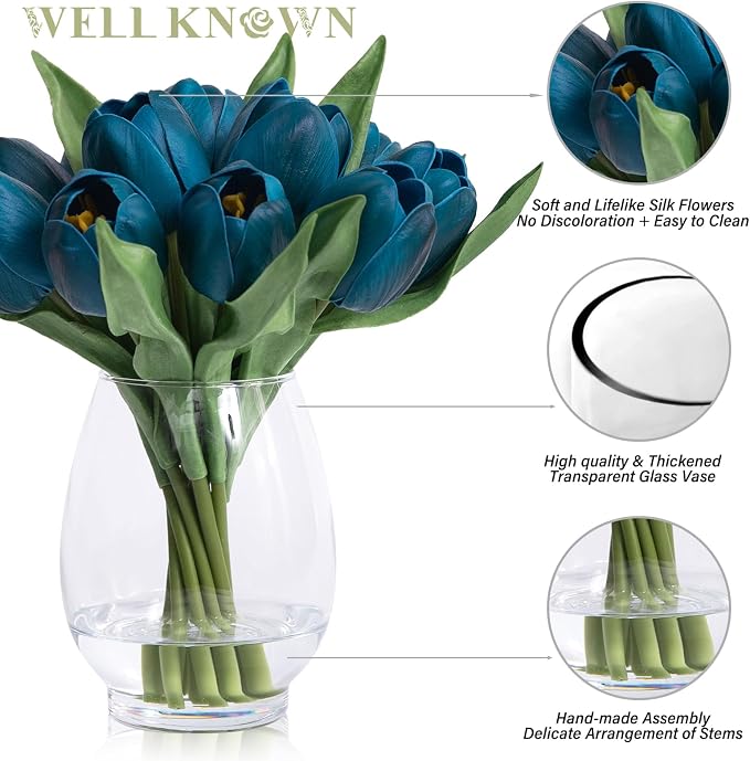 WELL KNOWN 12 Pcs Fake Tulips Artificial Flowers in Vase with Faux Water, Foam Tulip Flower Arrangement with Vase for Home Office Decor, Dining Table Wedding Centerpiece & Mom's Gift (Peacock Blue)