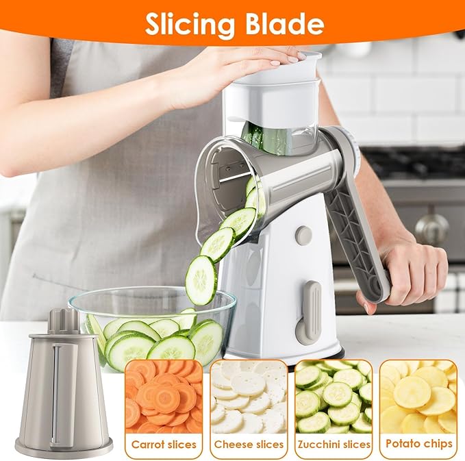 MealHelper 5 Blade Rotary Cheese Grater and Vegetable Chopper with Storage Box and Hand Crank, Compact Shredder for Cheeses, Veggies, Nuts - Easy to Use, Non-slip Suction Base,White