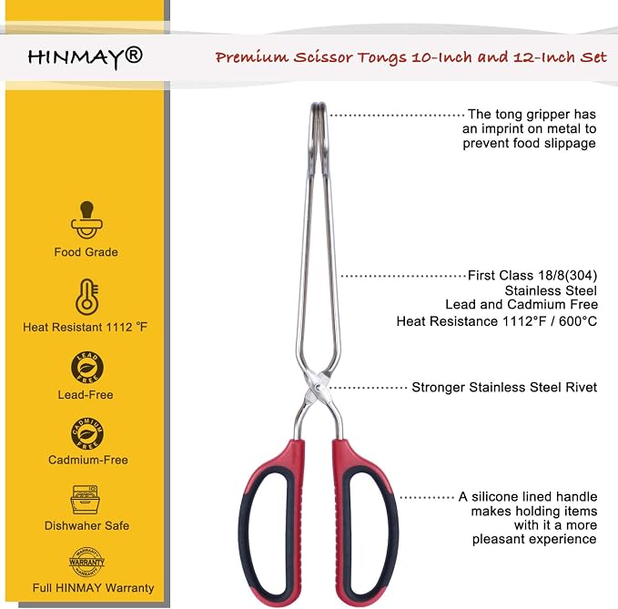 HINMAY Stainless Steel Scissor Tongs 10-Inch and 12-Inch Set, Set of 2