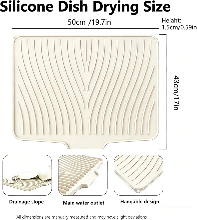 Silicone Dish Drying Mat,Dish Drying Pad,Kitchen Accessories,with Built-In and Non-Slip Drain,Easy Clean, Fit for Kitchen, Bar, RV, Refrigerator and Drawer Liner, 19.7*17 in Off White 1PCS by EBIGIC