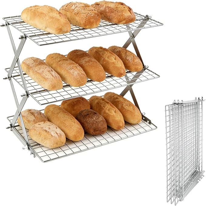 3 Tier Collapsible Cooling Rack with Adjustable 6 Setting Design stackable wire rack for baking sheet for Cookies Baking Gifts for Women (Silver, 3-Tier)