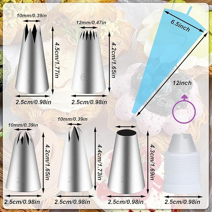 Large Piping Tips Set, Piping Bags and Tips Set 5 PCS Stainless Steel Frosting Tips for DIY Pastry Dough, Cookie, Cupcake, Cake (1M 2D 2F 6B 2A)