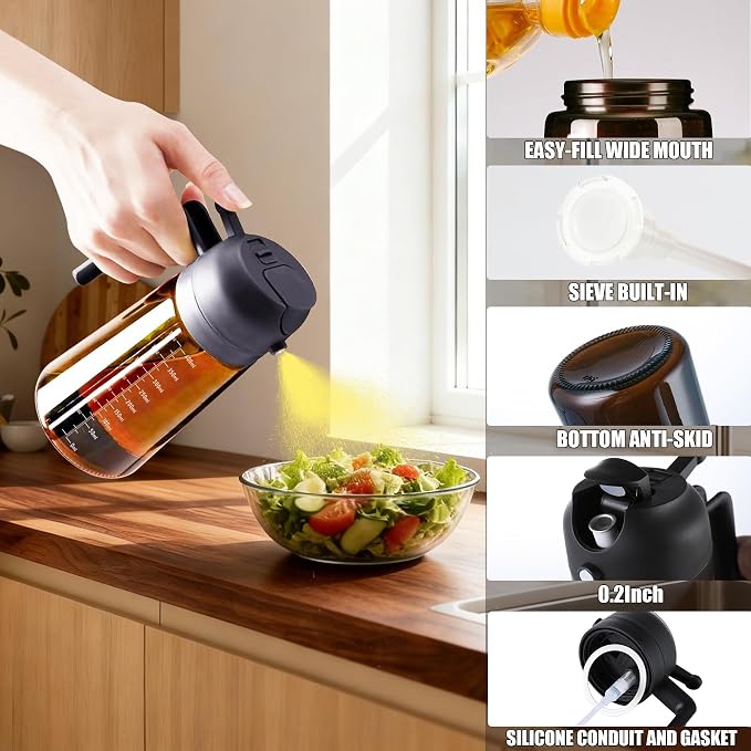 OURCABECUE Upgraded Made Oil Sprayer for Cooking 2 Set, Dark Brown 2 in 1 Spray and Pour Olive Oil Dispenser 16oz 470ml Glass Oil Spray Bottle, Mist Olive Oil Dispensing with Scale & 8 labels