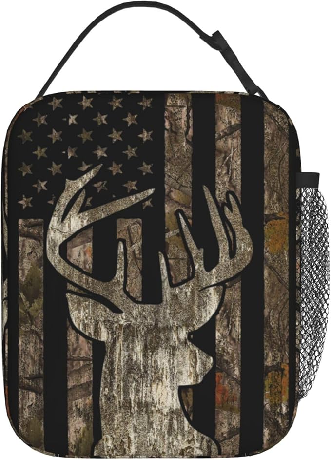 Gianlaima Camo Camouflage Deer American Flag Brown Insulated Lunch Box For Women And Man, Portable Lunch Bags Reusable Cooler Tote For Office Work Travel Picnic Camping Beach