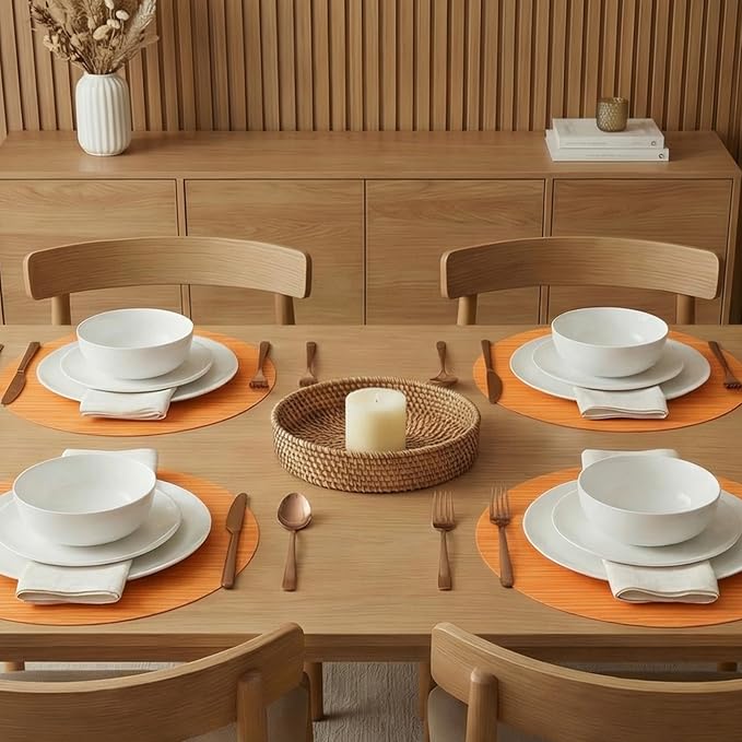 AHHFSMEI Round Placemats Set of 6 Woven Vinyl Non-Slip Heat Resistant Stain Resistant Easy Clean Place mats for Dining Table(Orange)