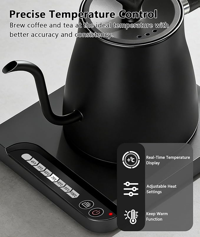 Gooseneck Electric Kettle, 1.0L Pour Over Coffee Kettle with Variable Temperature Control, 1200W Fast Heating, Keep Warm, 100% Stainless Steel Interior, Matte Black