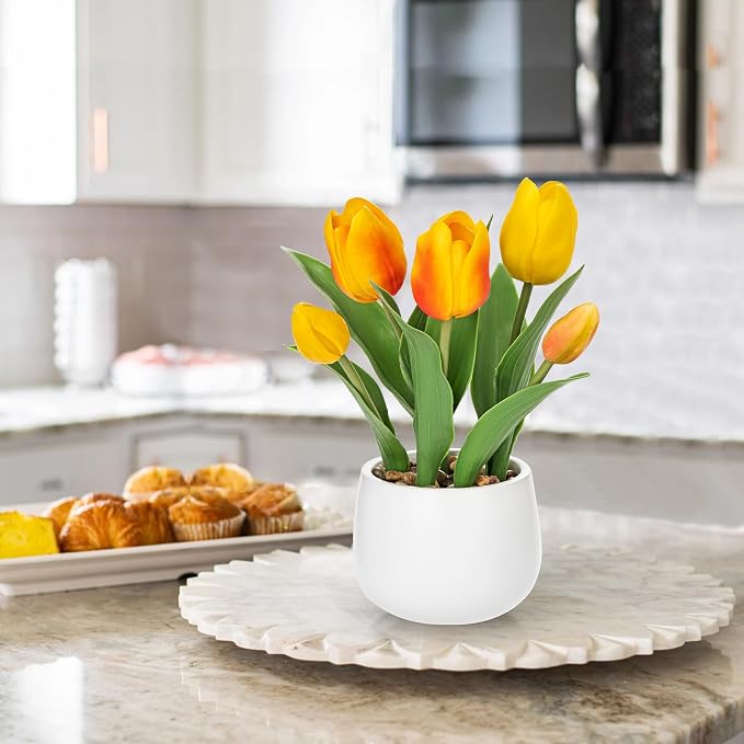 Hollyone Yellow Tulips Artificial Flowers in Vase Fake Tulips Silk Flowers Arrangements Faux Tulip Bulbs with Ceramic Pot Tulip Potted Plants Floral Bouquet for Home Decor Table Centerpiece Decoration